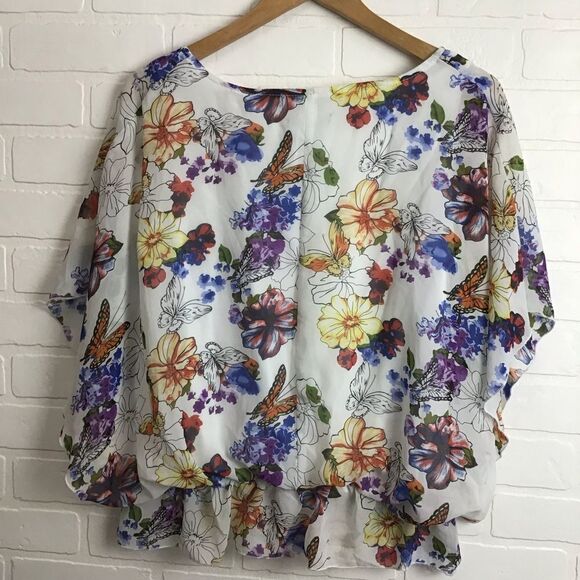 CYNTHIA Rowley silky floral butterfly sleeve top blouse round neckline large - Picture 2 of 13